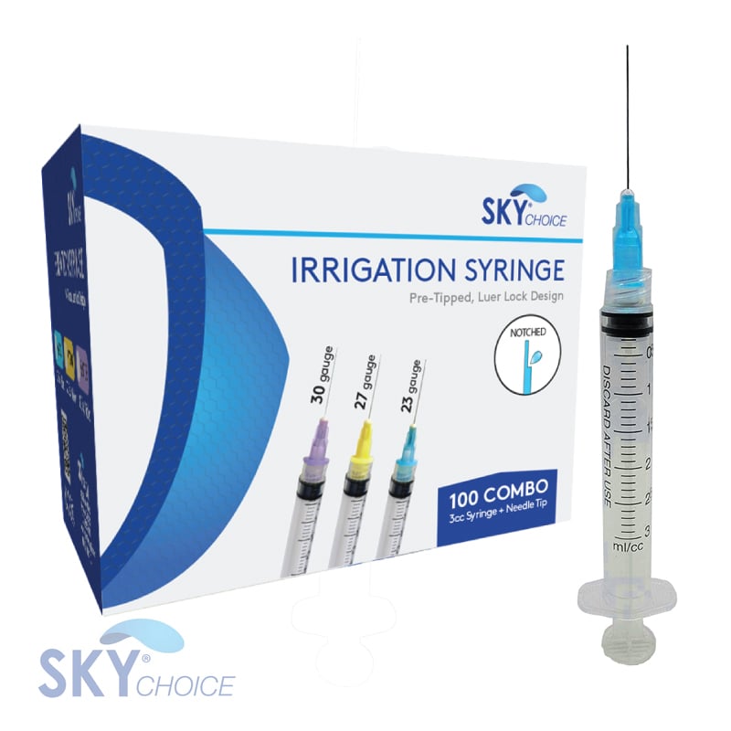 Sky Choice Endo Irrigation Syringe Combo Kit, 23 Gauge Blue Tips, 3cc Syringes, 100/Box