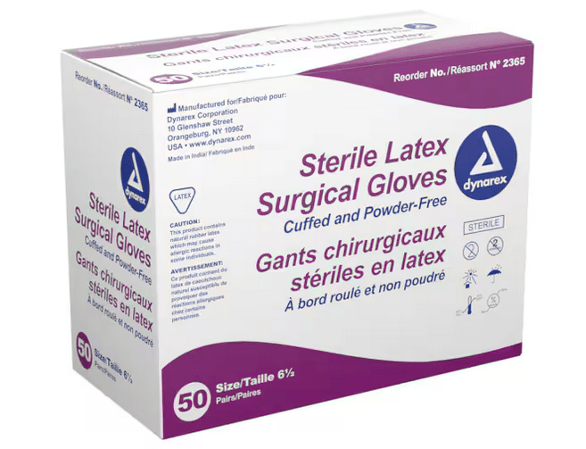 Dynarex Latex Surgical Gloves, Sterile, Powder-Free, Size 8.5, 50/Bx, #2385