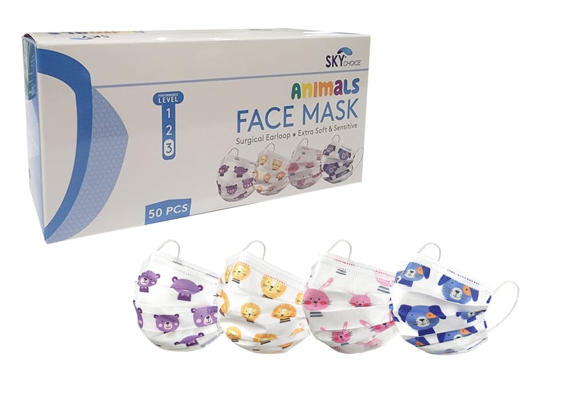 Sky Choice Mask Earloop ANIMALS Level 3, Children/Pedo Size, 50/Box