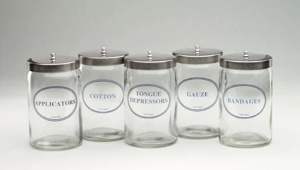 Dukal Glass Sundry Jars, Flint Glass with Blue Imprint and Stainless Steel Lids, 7"H x 4 1/4"Dia, Set of 5 Labeled Jars, 4010 - Tech-Med Services Glass Sundry Jars: Flint Glass Jars With Blue Imprint - Image 1