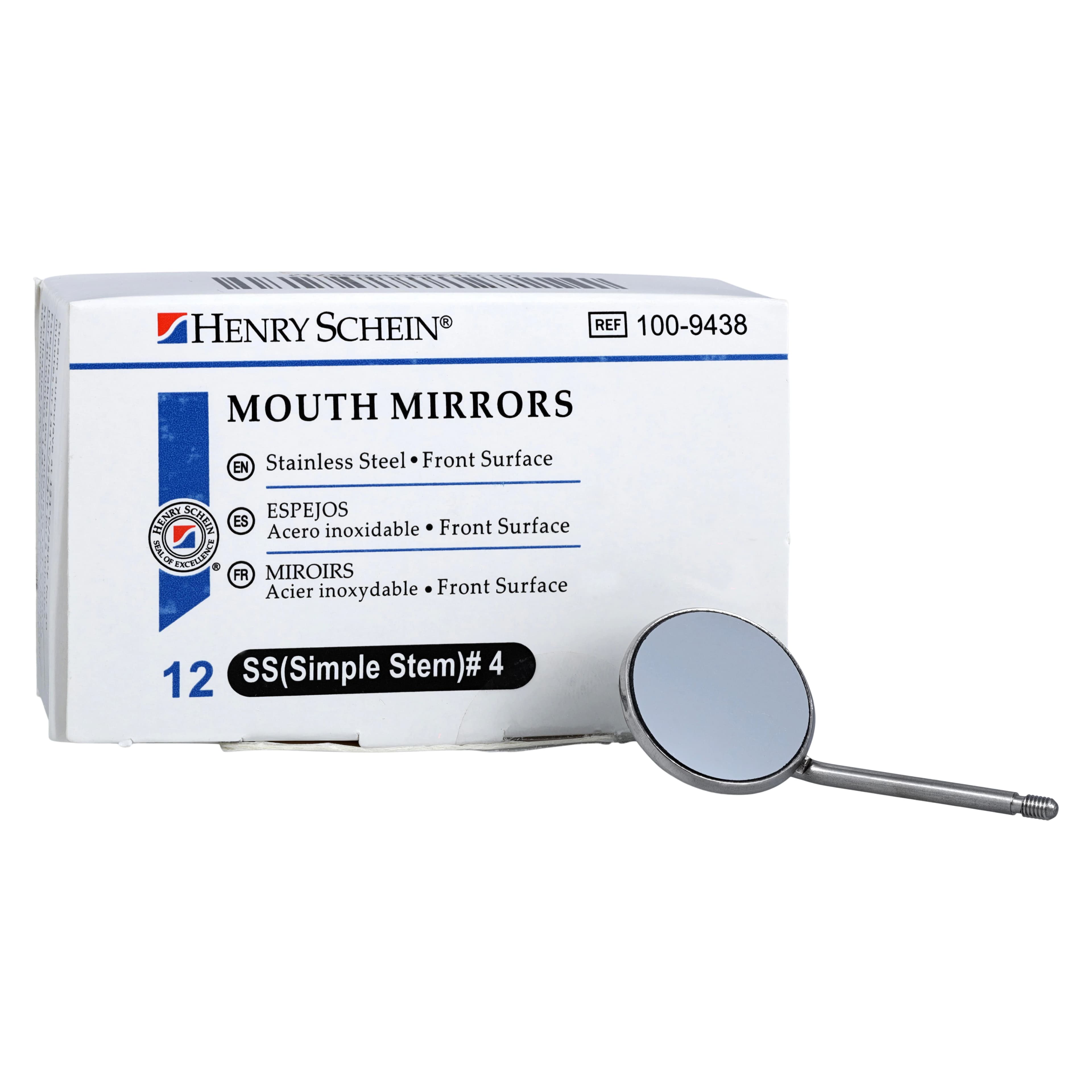 Henry Schein Front Surface Simple Stem Mouth Mirror, Size 4, Single Sided, Stainless Steel, 12/Box - Mirror Simple Stem FS #4 - Image 1