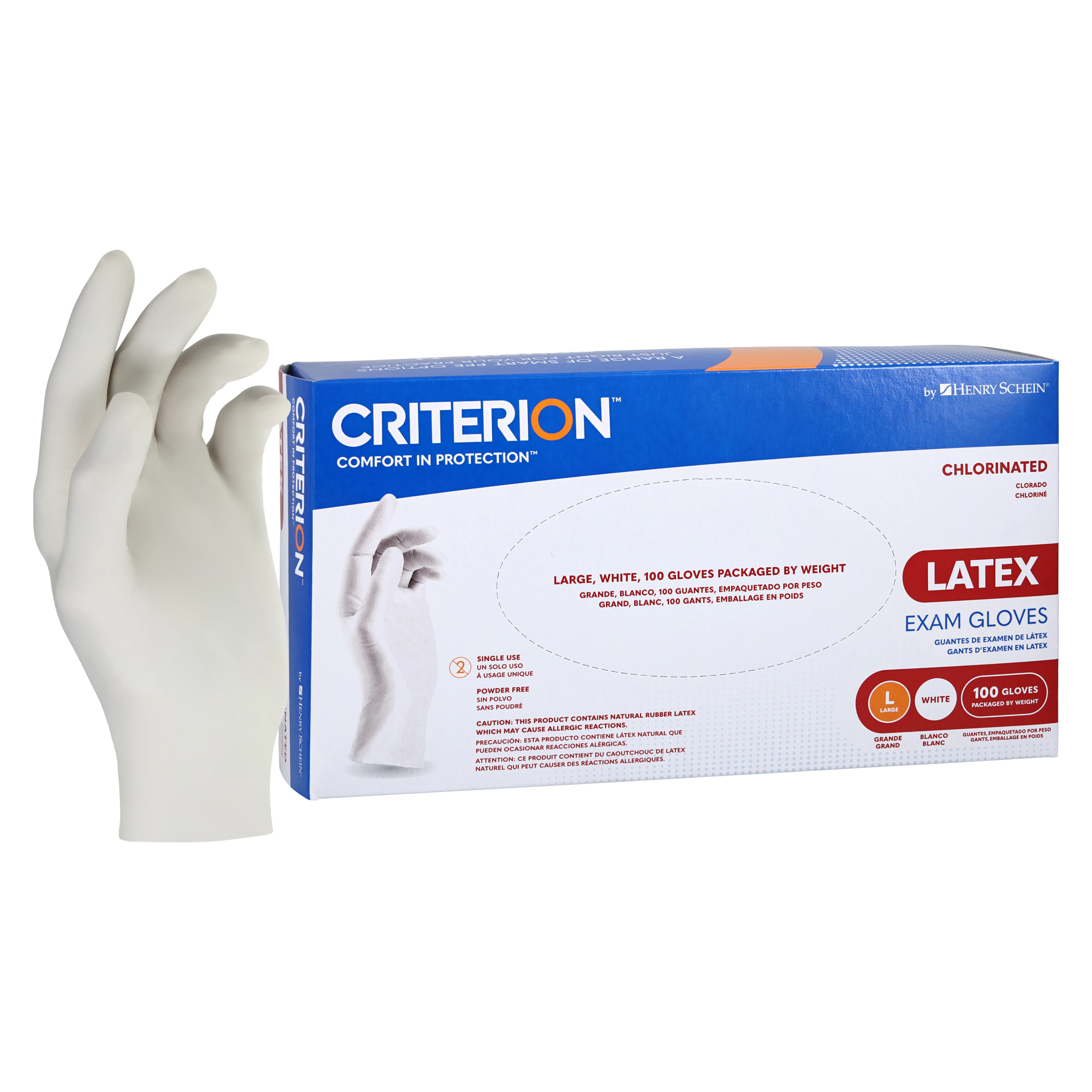 Criterion CL Latex Exam Gloves, Chlorinated, Large, White, Non-Sterile, 100/Box - Criterion Glove Chlorinated - Image 1