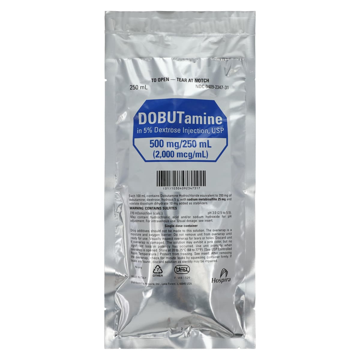 Dobutamine in 5% Dextrose Injection, 500 mg/250 mL (2 mg/mL), 250 mL Bag, 12 per Package - Dobutamine/5% Dextr Inj 250mL - Image 1