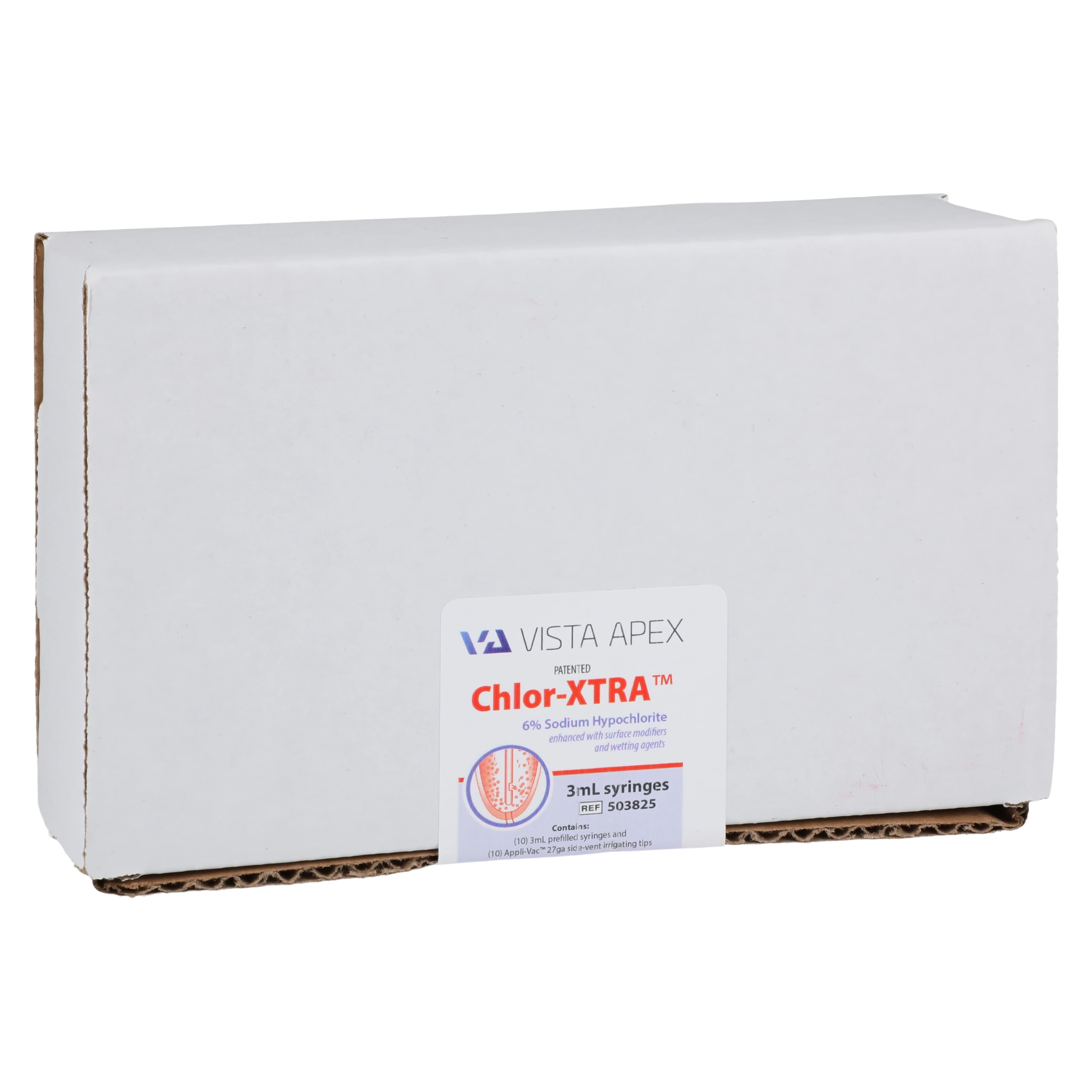 Chlor-XTRA 6% Sodium Hypochlorite Irrigant, 3cc Prefilled Syringes, 10/Box, with 27G Side-Vented Tips - Chlor-XTRA 6% - 3cc Pre-Filled Syringes - Image 1