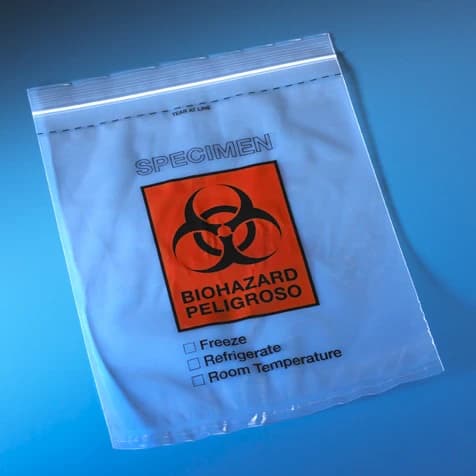Globe Scientific Specimen Transport Bag with Document Pouch, 2 mil, 12" x 15", Clear with Biohazard Symbol, Zipper Closure, 100/Pack, 1000/Case - Bag Specimen Trans Bio w/Pouch - Image 1