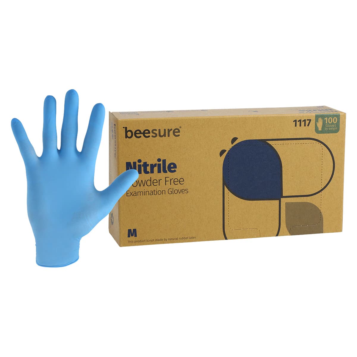 Beesure Nitrile Exam Gloves, Powder-Free, Non-Sterile, Medium, Blue, 100/Box, BE1117 - Beesure® Nitrile Exam Gloves 100/Box - Image 1