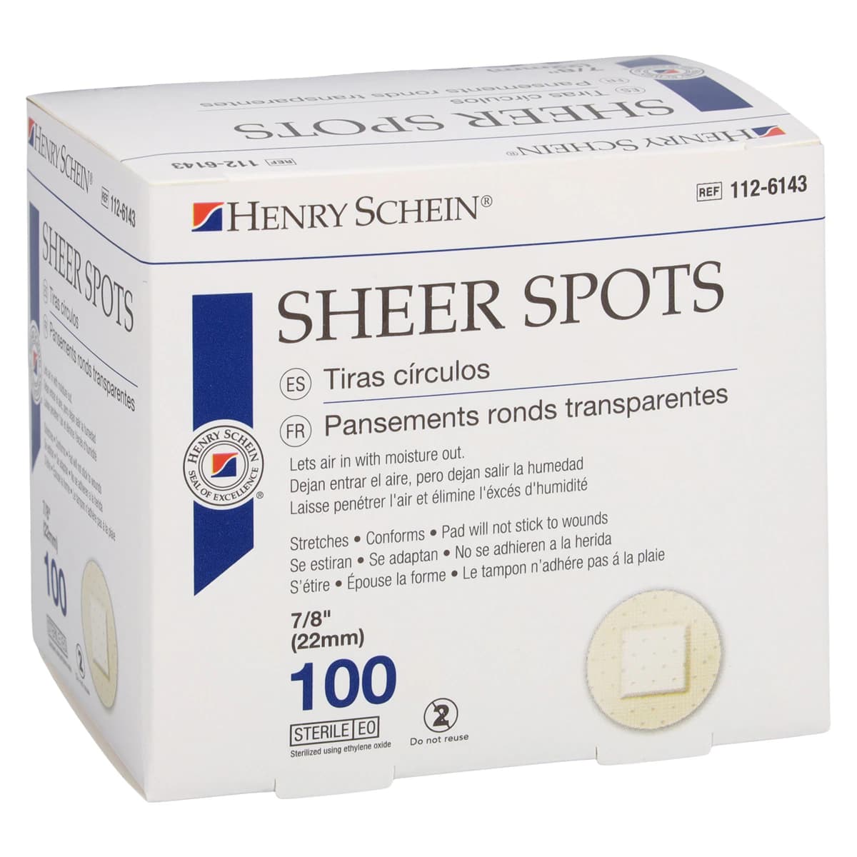 Henry Schein Adhesive Bandage, Plastic, 7/8" Sheer, Sterile, 100/Box - Bandage Adhsv Sheer Spot - Image 1