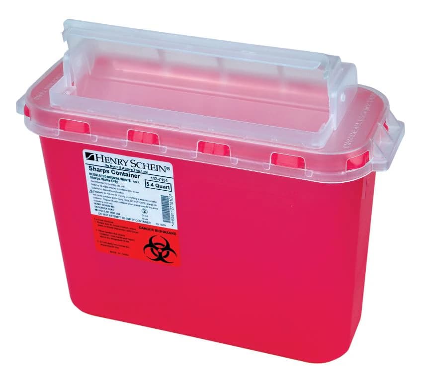 Henry Schein Sharps Container with Counterbalanced Lid, 5.4qt, Red, 12.1x4.7x10", Side Entry, Polypropylene, Each - Sharps Container with Counterbalanced Lid - Image 1