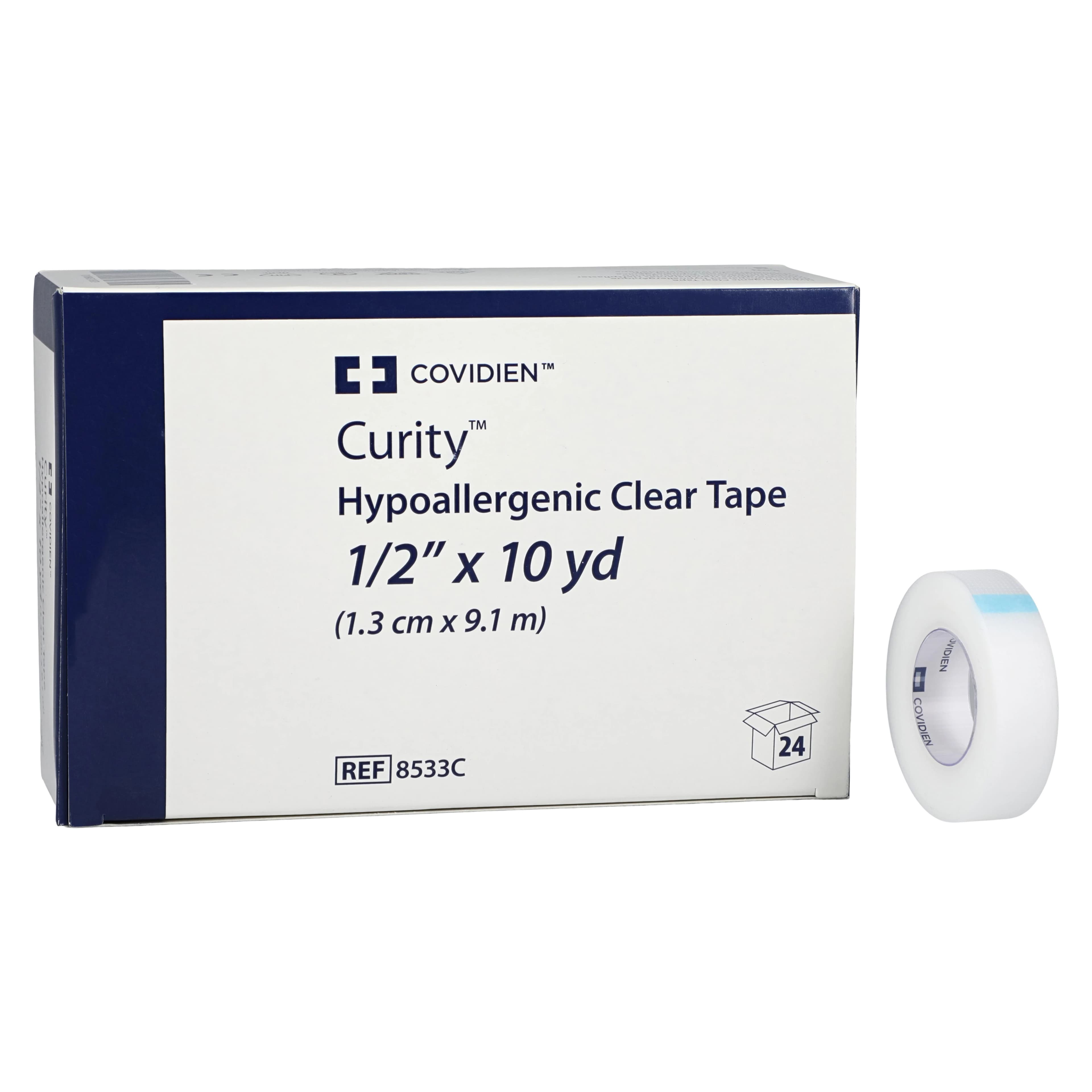 Curity Medical Tape, Plastic, Hypoallergenic, Clear, 0.5" x 10 yd, Non-Sterile, 24/Box - Tape Kendall Hypoallerg Clear - Image 1
