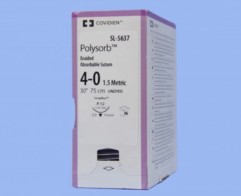 Medtronic Polysorb Absorbable Suture, 4-0, 30", P-12 Premium Reverse Cutting 3/8 Circle Needle 19mm, Coated Undyed, 36/Case - Suture Polysorb UD P-12 - Image 1