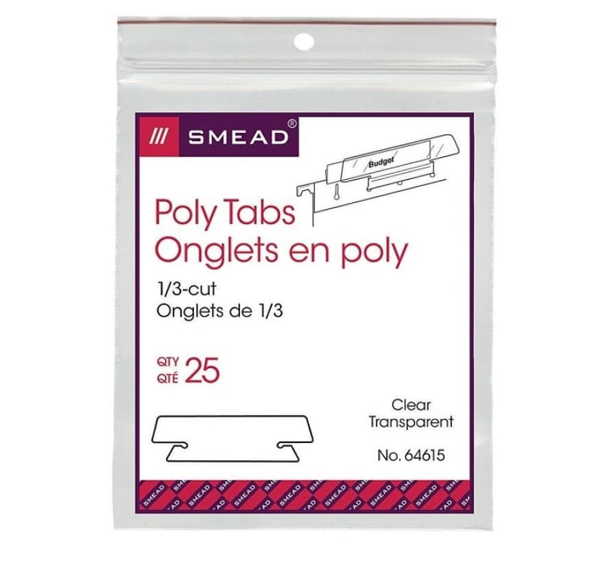 Smead Clear Hanging Poly Tabs, 3-1/2 in, for 1/3-Cut Tabs, 25/Pack - Poly Tabs Clear - Image 1