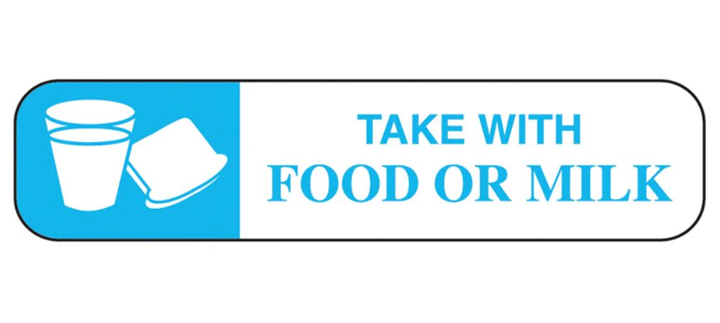 Health Care Logistics Label Warning Take With Food/Milk, Blue/White, 1-5/8" x 3/8", 1000/Roll - Label Warning Take w/Food/Milk - Image 1