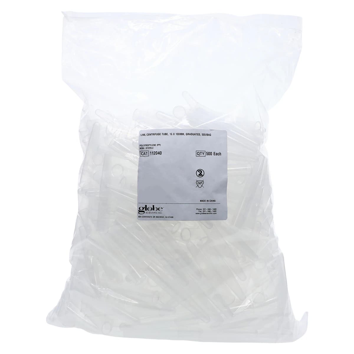 Globe Scientific Polypropylene Centrifuge Tube, 12mL, 16x100mm, Graduated, Conical Bottom, Non-Sterile, 500/Bag - Tube Centrifuge Poly 12ml Disp - Image 1