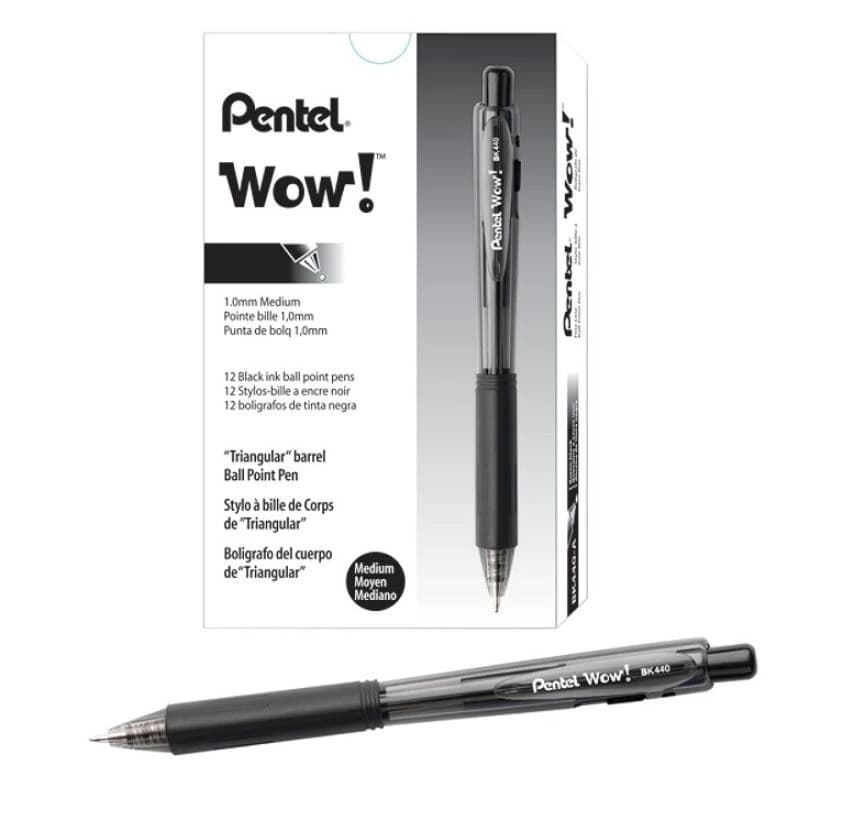 Pentel WOW! Ballpoint Pen, Retractable, Medium Point 1.0mm, Black, 12/Pack - Pen Ball Pt Retract WOW Med Pt - Image 1