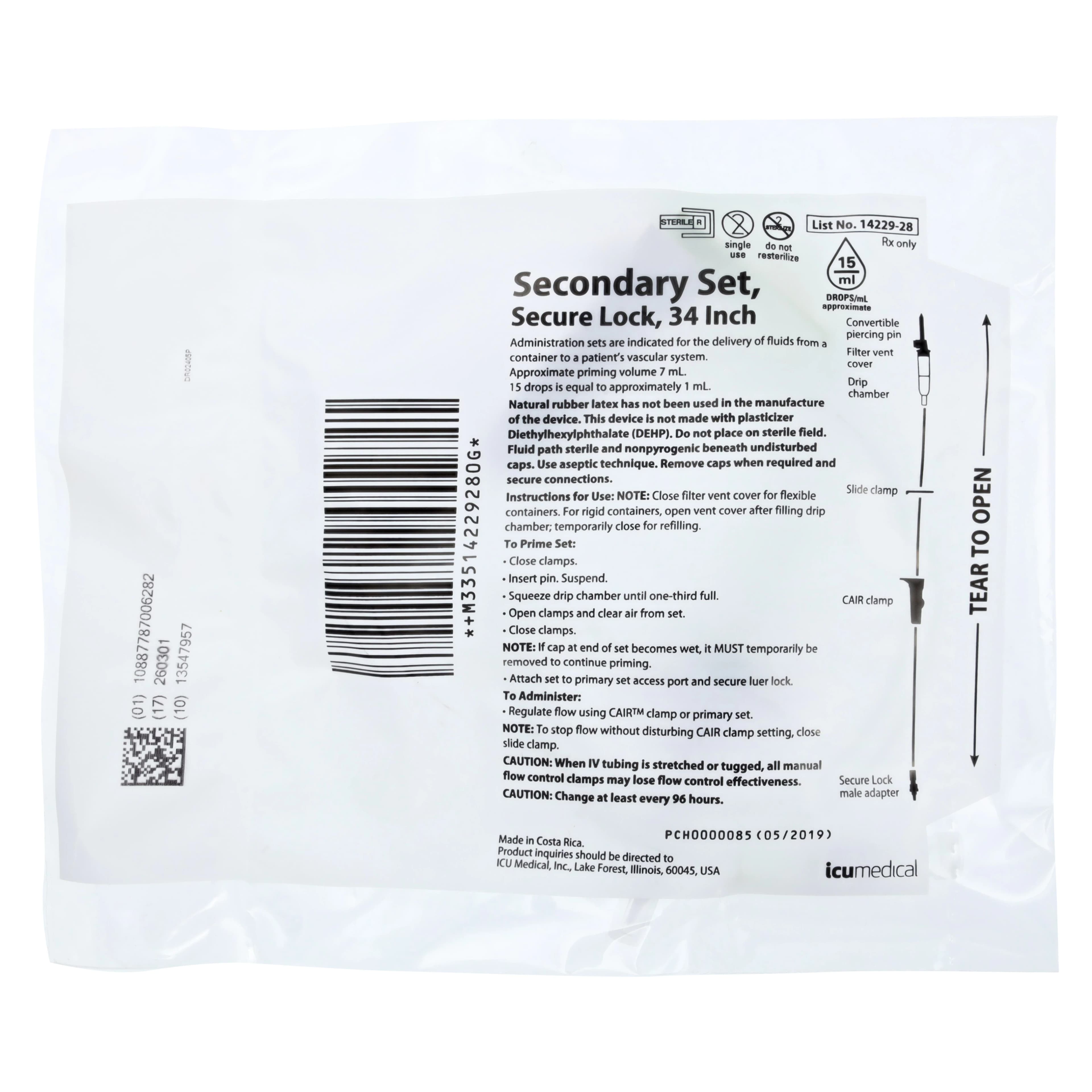 ICU Medical Secondary IV Administration Set, 15 Drops/mL, 34" Tubing, Option-Lok Male Adapter, Non-DEHP, 50/Case - Secondary Tubing Non-DEHP - Image 1