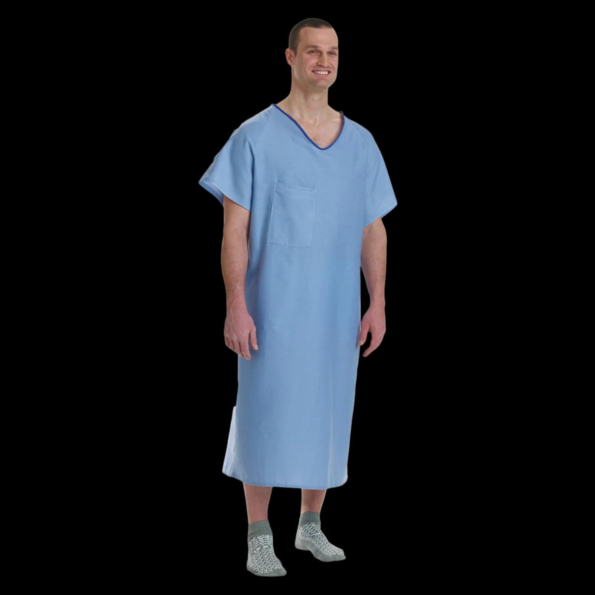 Medline IV Gown, Adult Unisex, One Size, Solid Blue, 100% Polyester, Short Sleeves, 1 Pocket, Telemetry Pocket, 72/Case - Gown IV Unisex Adult Demure - Image 1