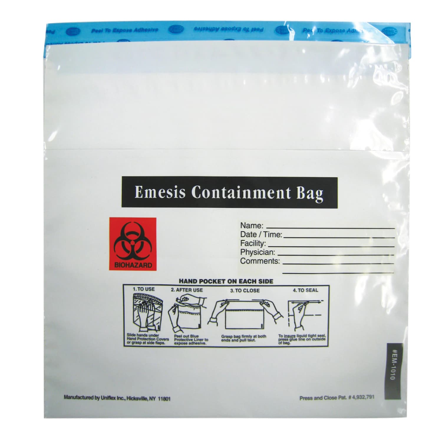 Minigrip Biohazard Emesis Bag, 2.5 mil, 10" x 10", Clear, Adhesive Closure, 1000/Case - Biohazard Bag Emesis Cont Adh - Image 1