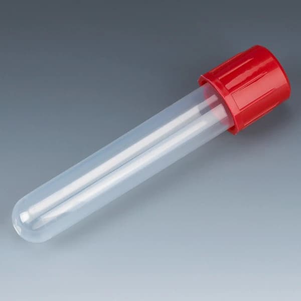 Globe Scientific Polypropylene Test Tube, 5mL, 12x75mm, Attached Red Screw Cap, Round Bottom, Autoclavable, 1000/Case - Tube PP Clear w/Red Screw Cap - Image 1