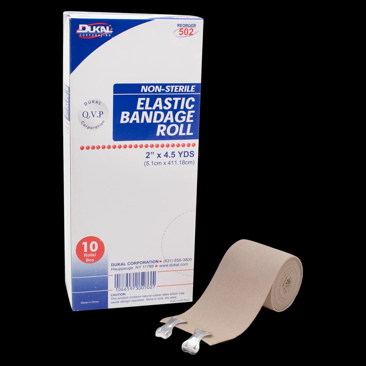 Dukal Stretch Bandage Elastic, 2" x 4.5 yd, Tan, Non-Sterile, 10/Box - Bandage Elast Clips Ltx NS - Image 1