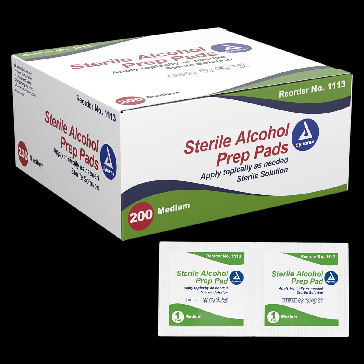 Dynarex Alcohol Prep Pad, 70% Isopropyl Alcohol, Sterile, Medium, 1x1", 200/Bx, #1113 - Prep Pad Alcohol Sterile 1x1" - Image 1