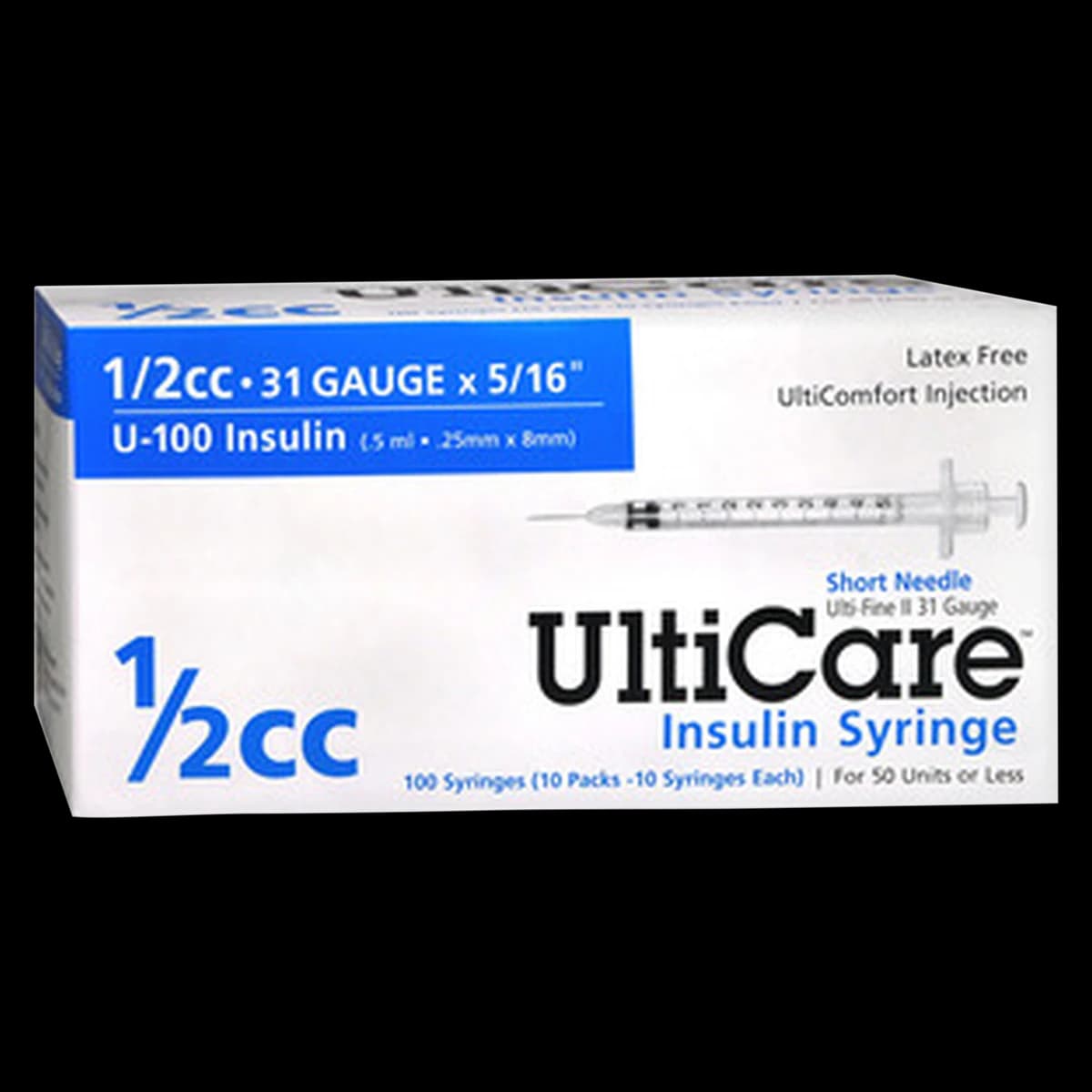 UltiCare Insulin Syringe with Fixed Needle, 31G x 5/16", U-100, 0.5 mL (50 Units), Sterile, 500/Case - Syringe w/Needle .5cc Insulin - Image 1