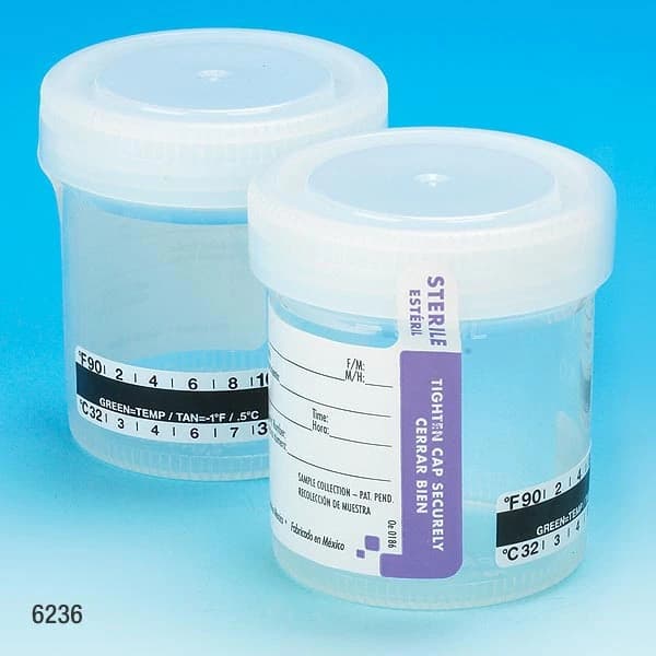 Globe Scientific Drug Test Specimen Container, 90mL, Polypropylene, Sterile, with Temperature Strip, 300/Case - Container Specimen w/Temp Strp - Image 1