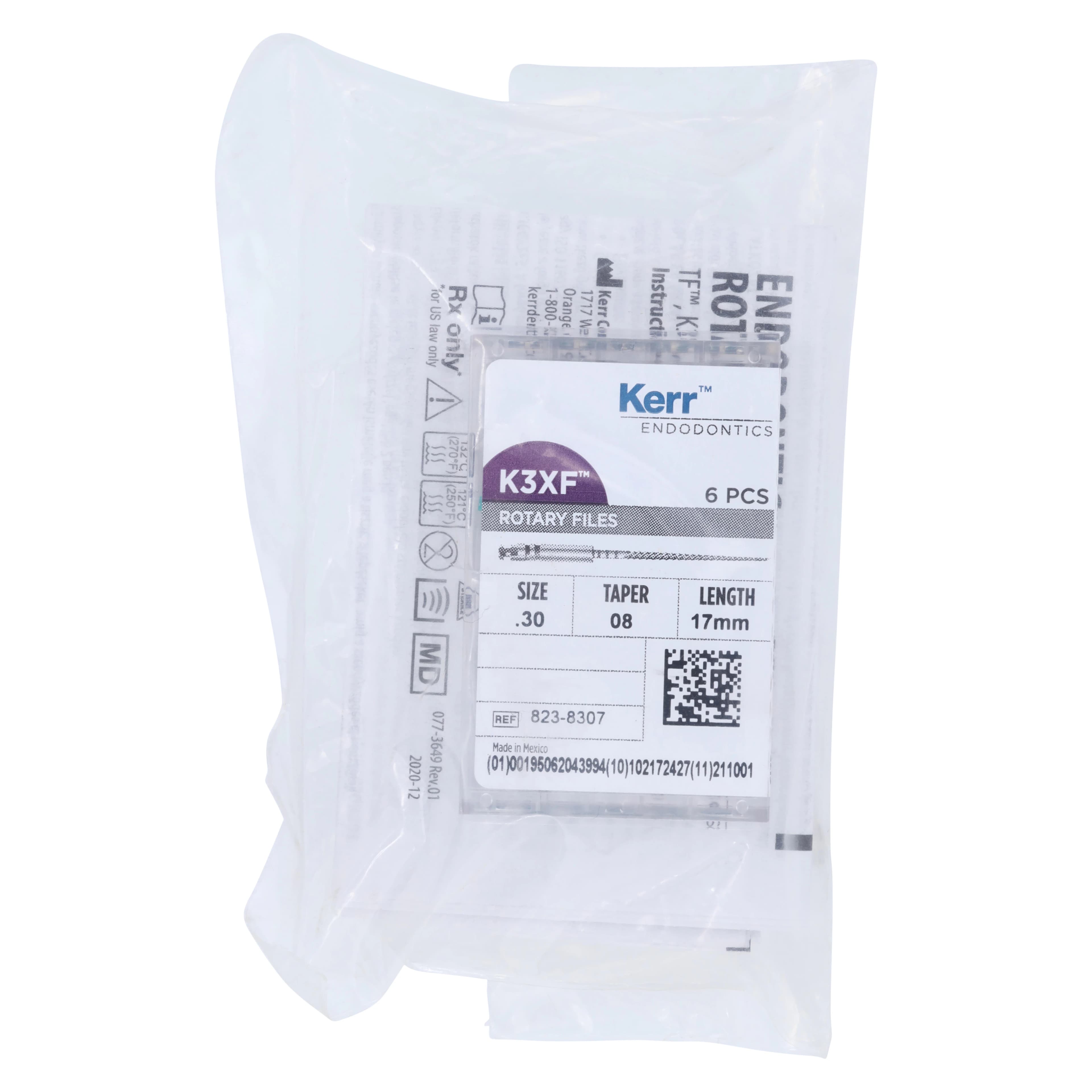 Kerr K3XF Nickel Titanium Rotary File, Size #30, Taper .08, Blue, 17mm, Pack of 6, 823-8307 - #30 Blue .08 K3XF Nickel Titanium Files 17mm Pack of 6 - Image 1