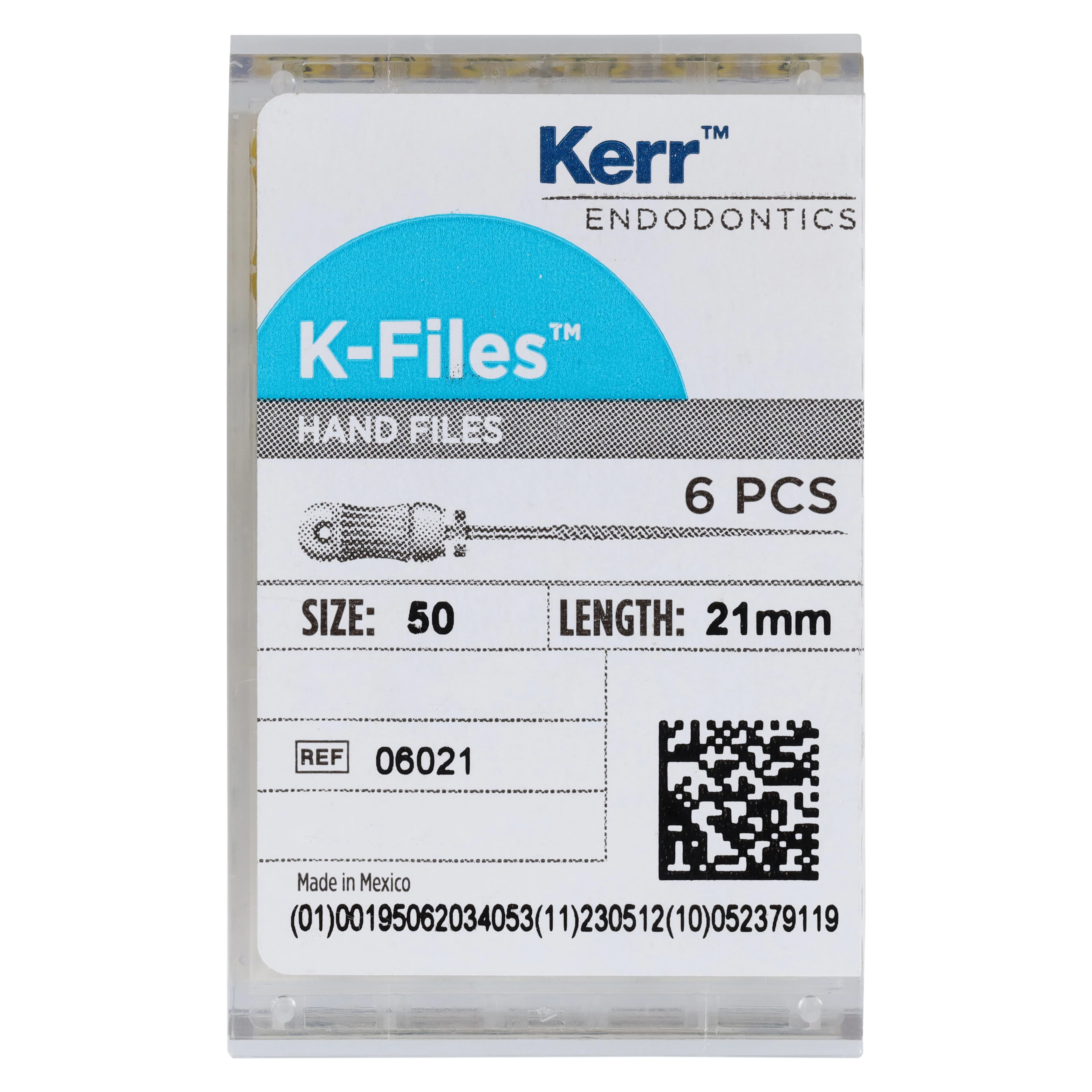 Kerr K-Files Stainless Steel #50 (Yellow) 21mm, 6/Pack, 06021 - K-FILES B HANDLE #50 21MM PK6 - Image 1