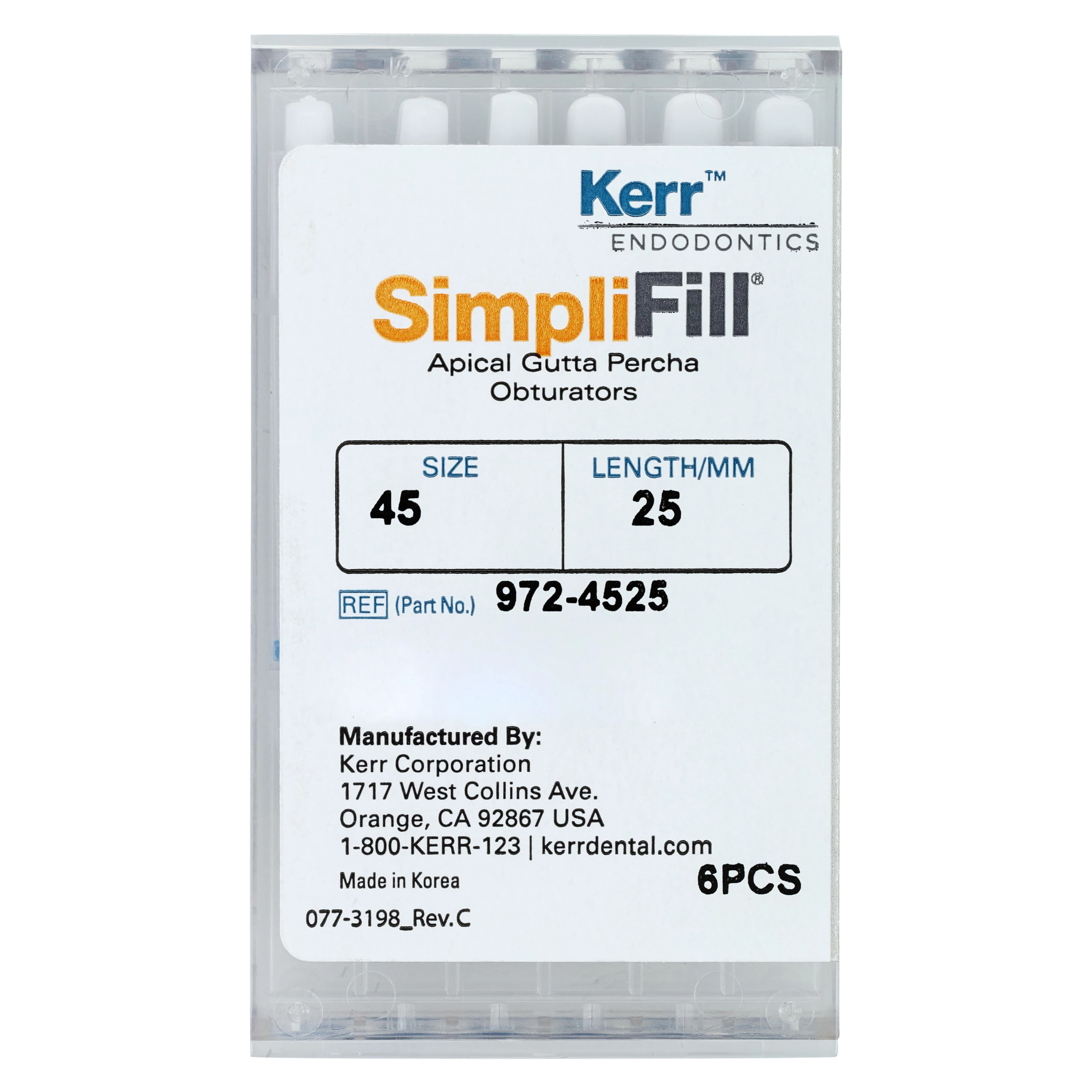 Kerr SimpliFill Apical Gutta Percha Obturators, Size 45, 25mm, 6/Pkg, 972-4525 - --SimpliFill 45-25mm (6) - Image 1
