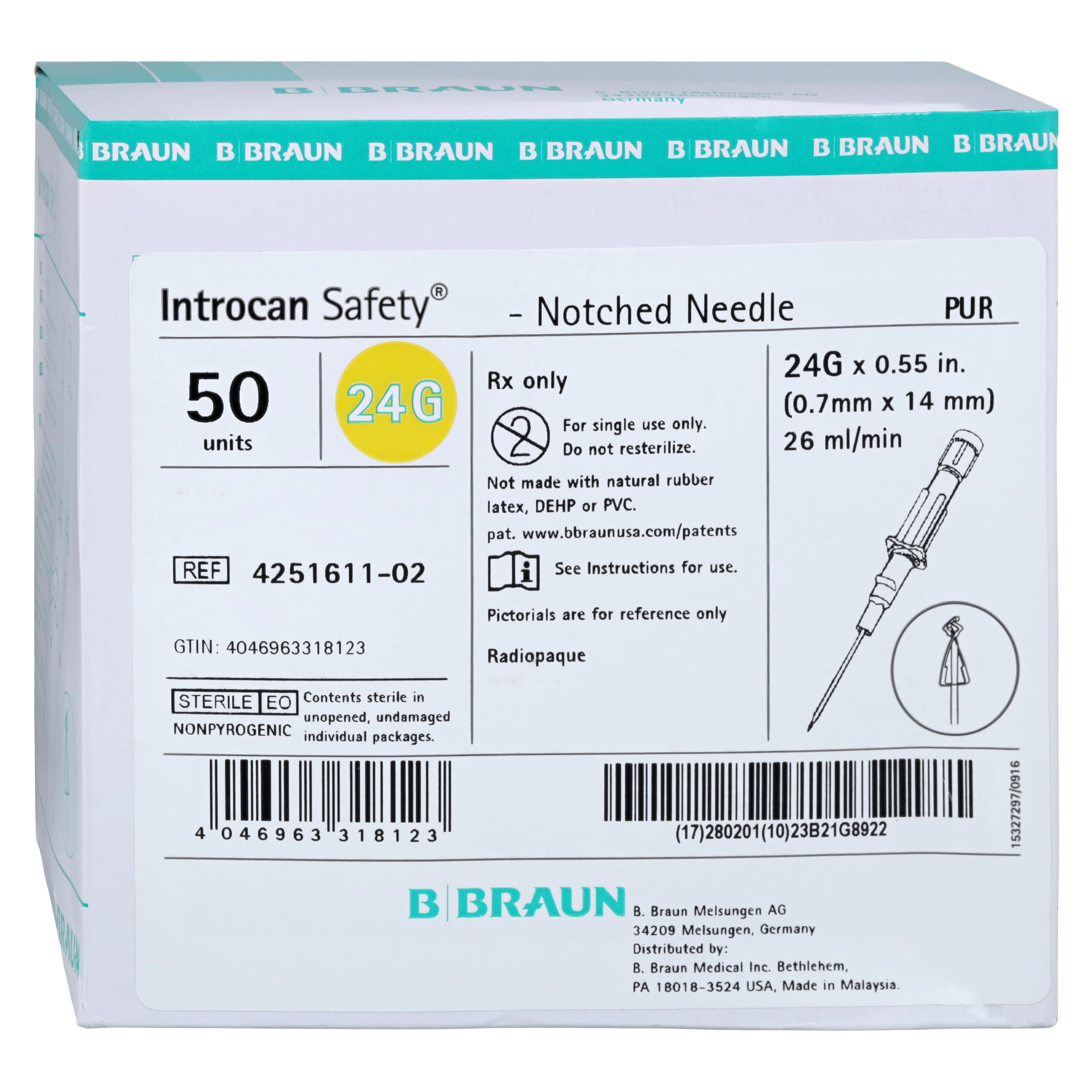 B. Braun Introcan Safety IV Catheter, 24 Gauge, 0.55 in, Polyurethane, Non-DEHP/Non-PVC, Sterile, Latex-Free, Yellow, Straight without Wings, 50/Box - IV Catheter Introcan Safety - Image 1