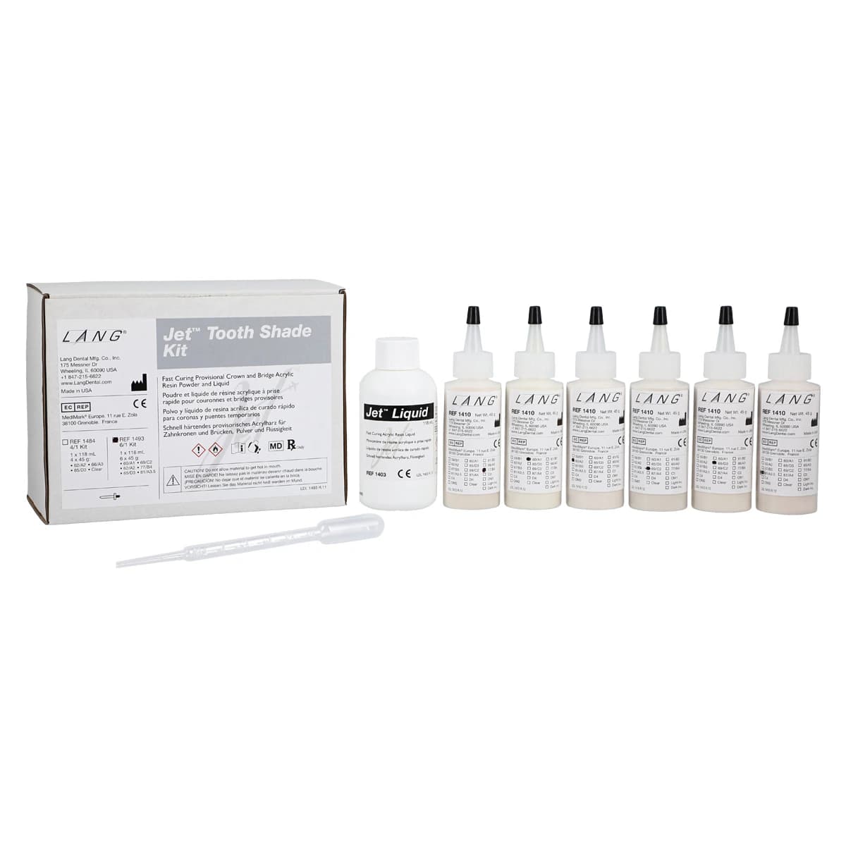 Lang Dental Jet Tooth Shade Self-Curing Acrylic Kit, 6/1 (6 x 45g Powder, 118ml Liquid), 1493R - Jet Tooth Shade - Kit - 6/1 (6x45g powder -118ml liquid) - Image 1