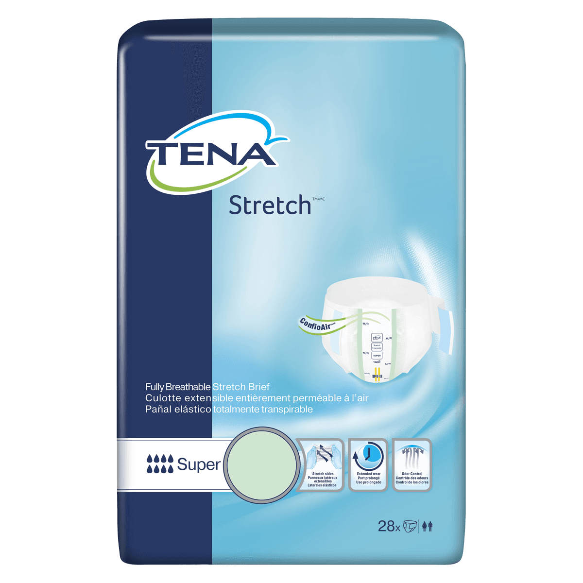 Tena Stretch Incontinence Brief, Unisex, Medium, Super Absorbency, White with Blue Dryness Strip, 56/Case - Brief Tena Stretch Super - Image 1
