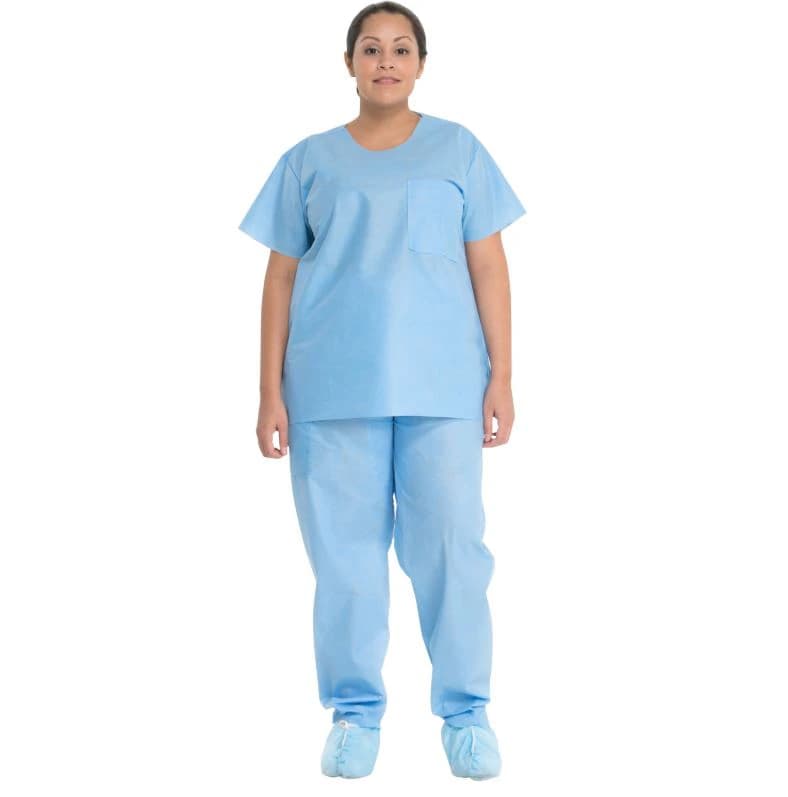 O & M Halyard Disposable Scrub Shirt, Blue, Medium, 48/Case - Scrub Shirt Blue Medium 48Cs - Image 1