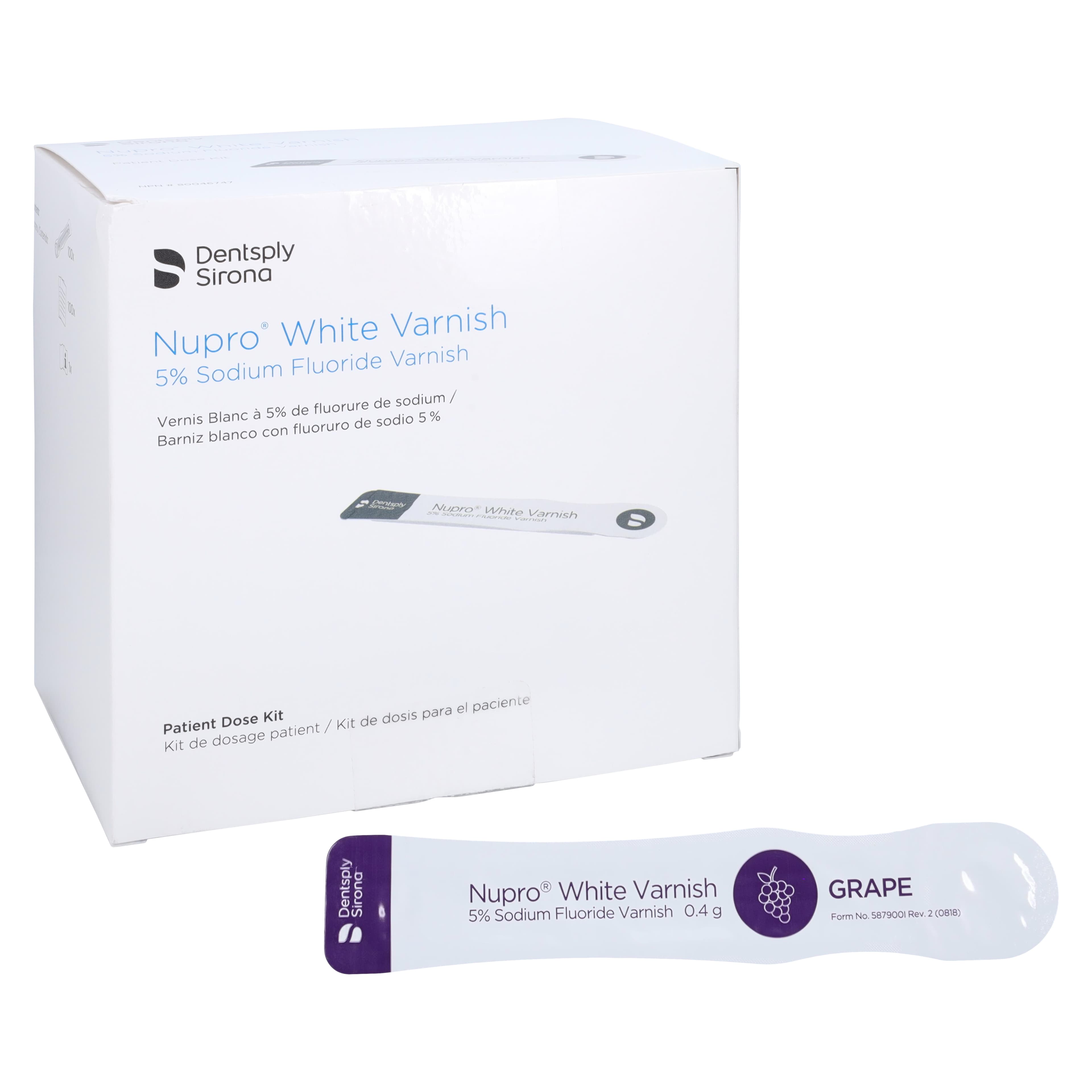 Nupro White Varnish 5% Sodium Fluoride, Grape, 0.4 g Easy Application Packages, 100/Box, 130320 - Nupro 5% AppPk Wht Varnish Grape 0.4g (100) - Image 1