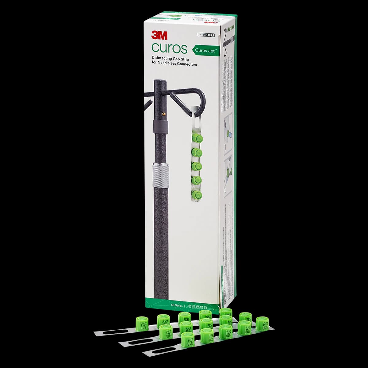 3M Curos Jet Disinfecting Cap for Needleless Connectors, 70% Isopropyl Alcohol, Bright Green, 10 Caps/Strip, 50 Strips/Box, 5000/Case, CFJ5-250 - Cap Curos Disinf f/Ndllss - Image 1