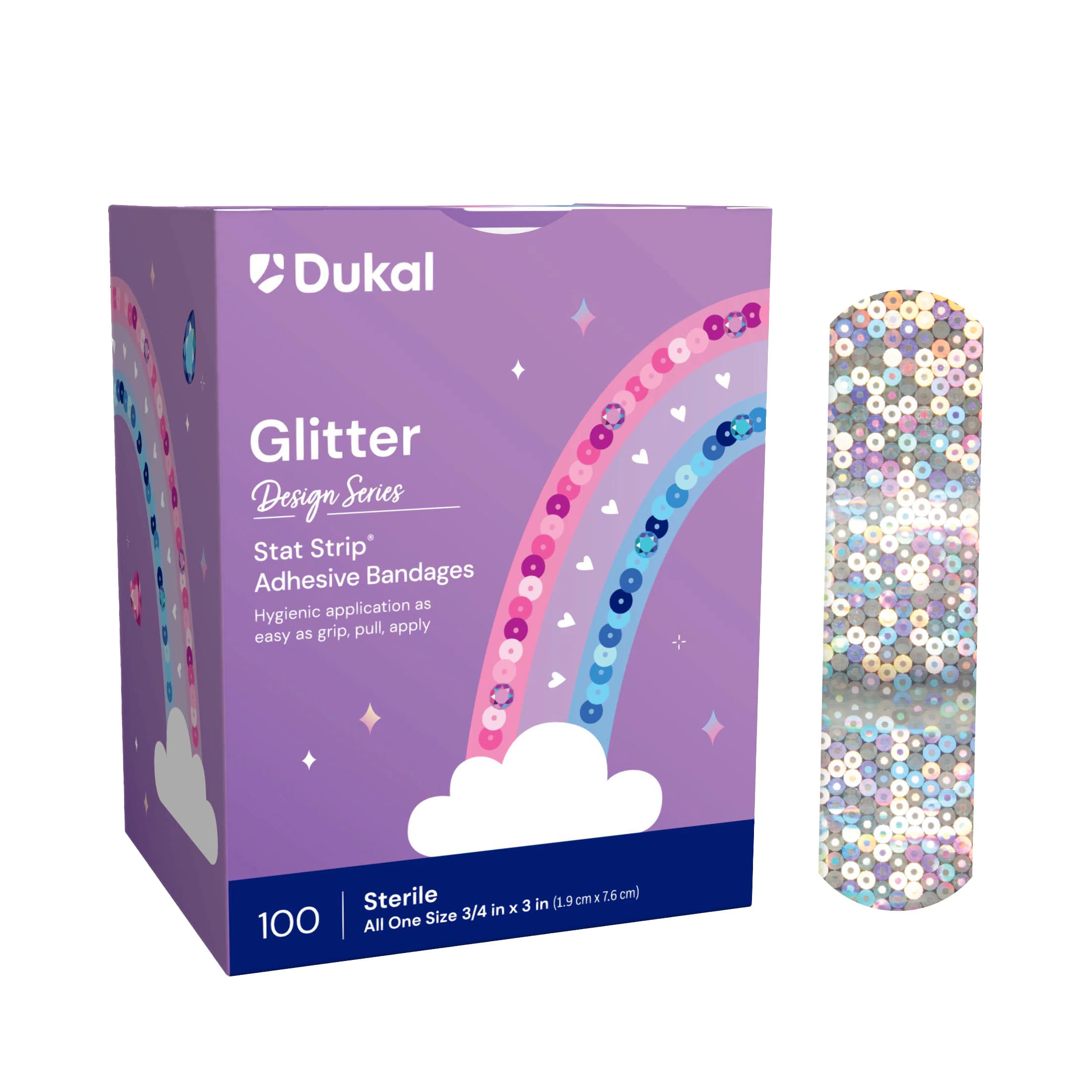Dukal Stat Strip Adhesive Bandage, Plastic, 3/4" x 3", Glitter, Sterile, 100/Box - Bandage Adh Glitter Strip - Image 1
