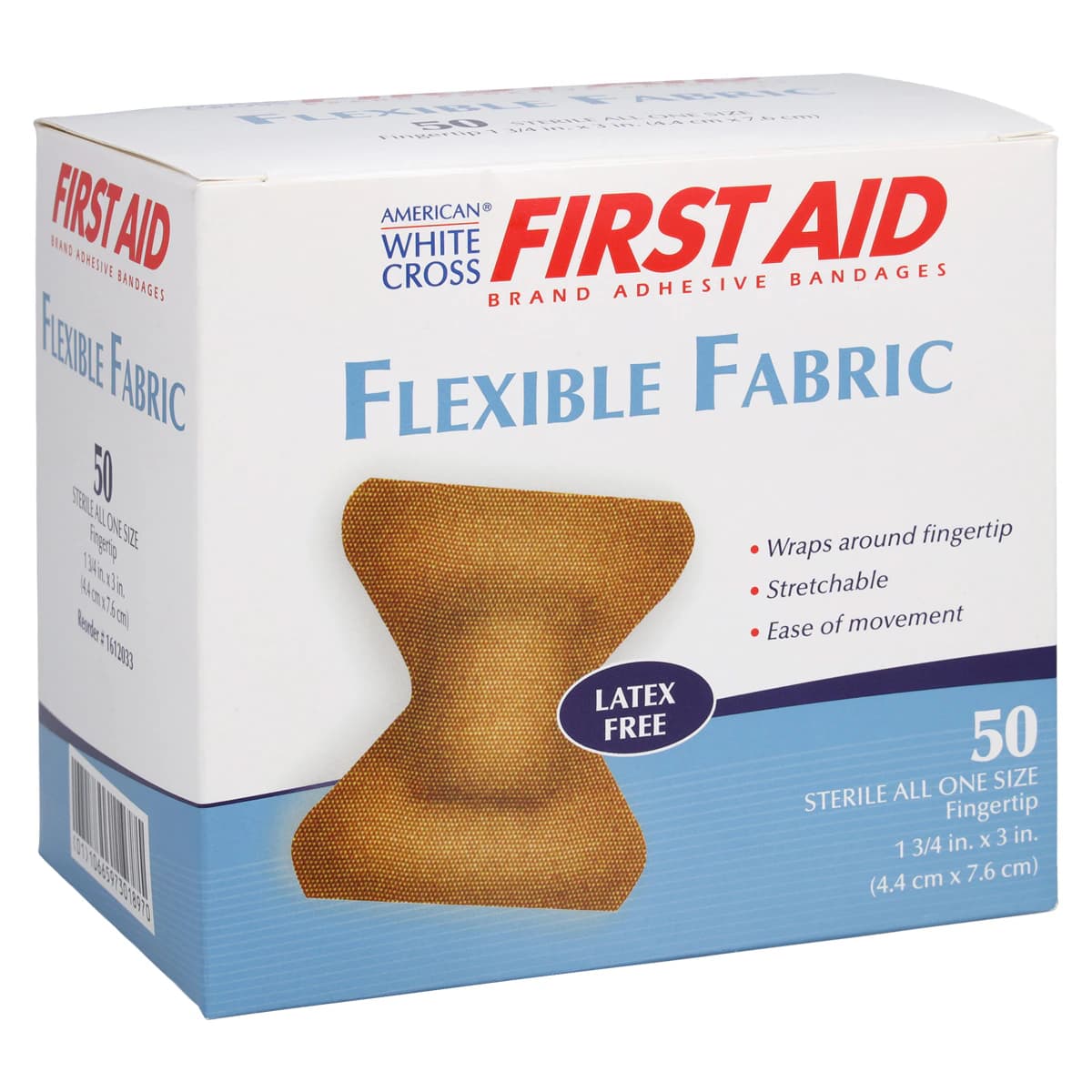 American White Cross First Aid Adhesive Bandage, Fabric, Fingertip, 1-3/4" x 3", Tan, Sterile, 50/Box - Bandage Ltwt Flex Fabr Fngrtip - Image 1