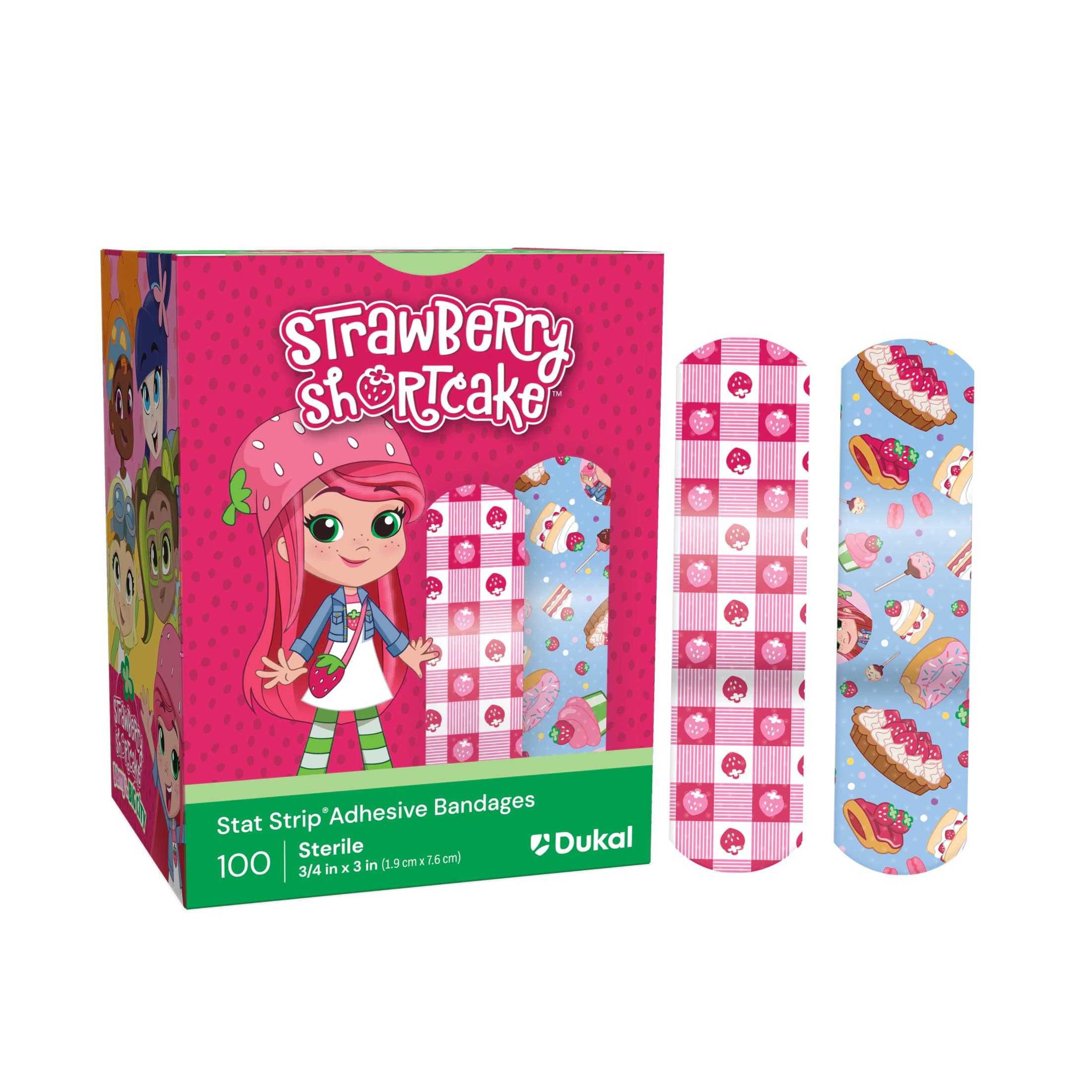 Dukal Stat Strip Adhesive Bandages, Plastic, Strawberry Shortcake, 3/4" x 3", Sterile, 100/Box - Bandage Adhsv Strwbrry Shrtck - Image 1