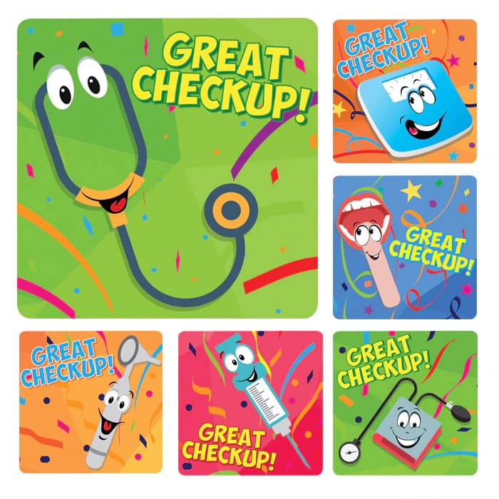 Sherman Specialty Great Checkup Med Stickers, 2" Animated Doctor Tools Design, Assorted Colors, 100/Roll, Latex Free - -Great Checkup Med Stickers (100) - Image 1