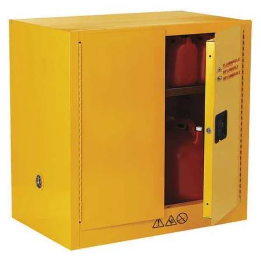 Justrite Manufacturing Flammable Safety Storage Cabinet, 2 Manual Doors, Steel, 3-Point Lock, Yellow/Red, Each - Cabinet Flammable Safety - Image 1