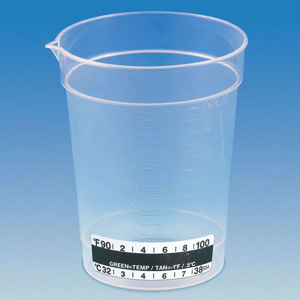 Globe Scientific Disposable Polypropylene Beaker with Temperature Strip, 6.5 oz, Pour Spout, Graduated, 500/Case - Beaker Disp PP w/ Temp Strip - Image 1