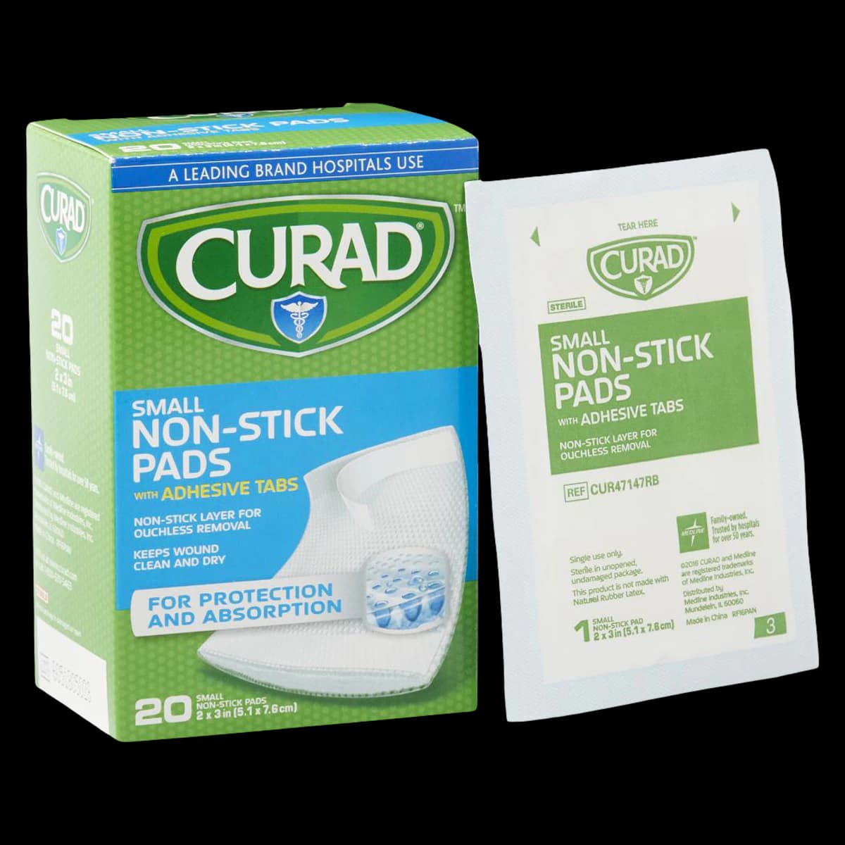 Curad Non-Stick Adhesive Pads, 2x3", Sterile, Small, White, Box of 100 - Pads Nonstick w/Adhesive Tab - Image 1