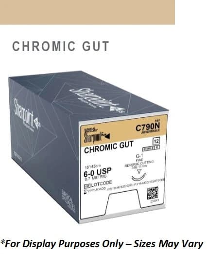 Sharpoint Plus Chromic Gut Suture, 6-0, 18 in, Monofilament, Absorbable, G-1 Precision Reverse Cutting 3/8 Circle Needle 11mm, Natural, 12/Box - Suture Absrb Chrmc Gut G-1 18" - Image 1