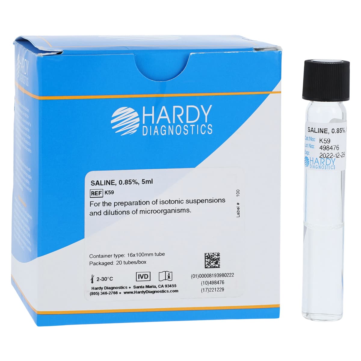 Hardy Diagnostics Saline 0.85% Tube, 5 mL, 16x100mm, 20/Package - Saline 0.85% 5ml 16x100mm Tube - Image 1