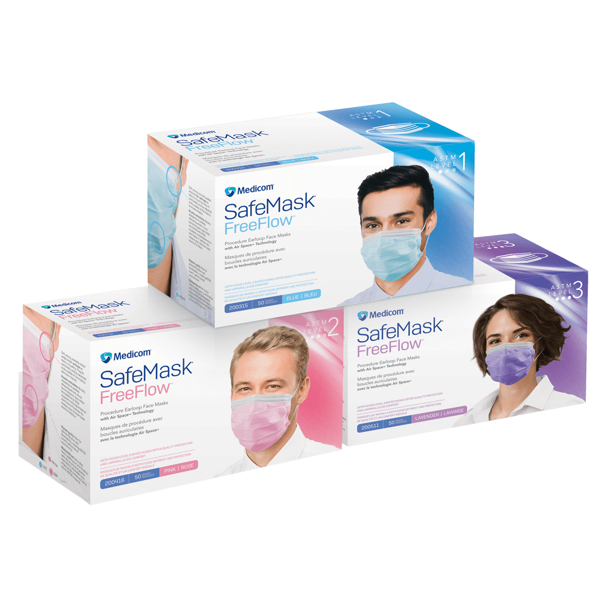 Medicom SafeMask FreeFlow Procedure Face Mask, ASTM Level 1, Lavender, Ear Loop, 50/Box - SafeMask® FreeFlow™ Procedure Face Mask ASTM Level 1 Lavender Box of 50 - Image 1