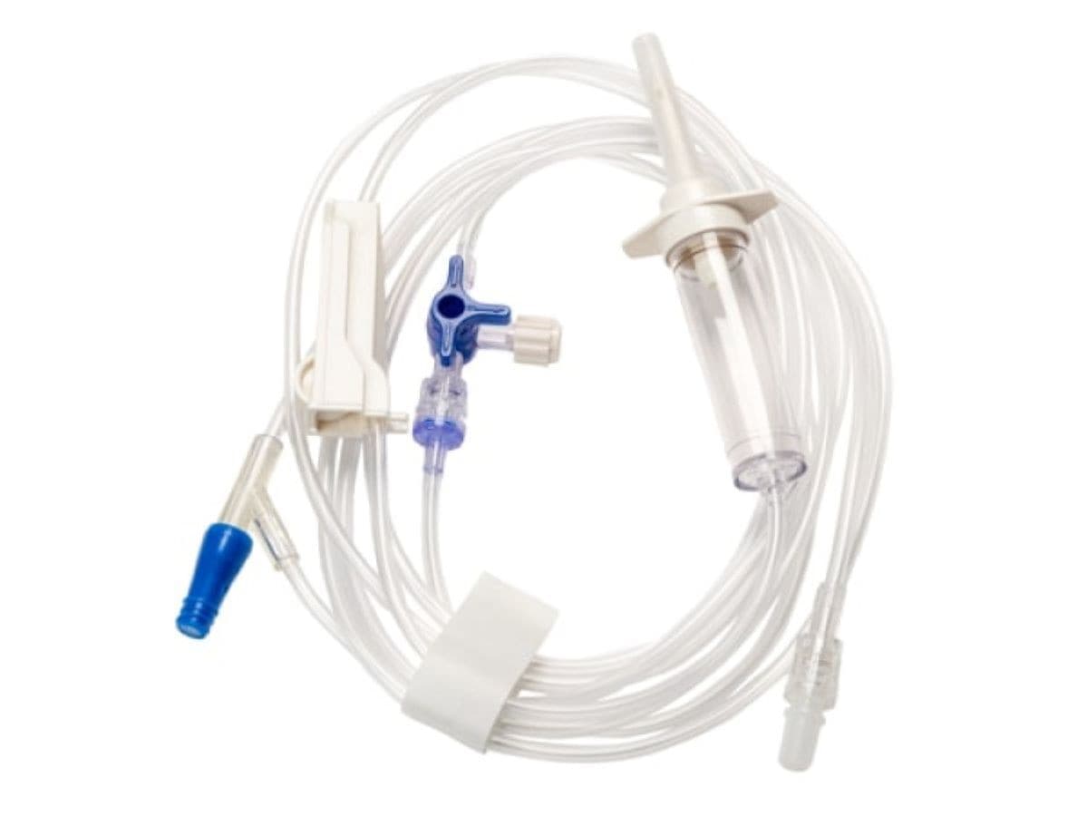 MED CarAne Custom IV Administration Set, 15 Drops/mL, 120" Tubing, DEHP Free, Universal Spike, Needleless Valve, with Stopcock, Sterile, 50/Box - MED CarAne Admin Set IV 120" - Image 1