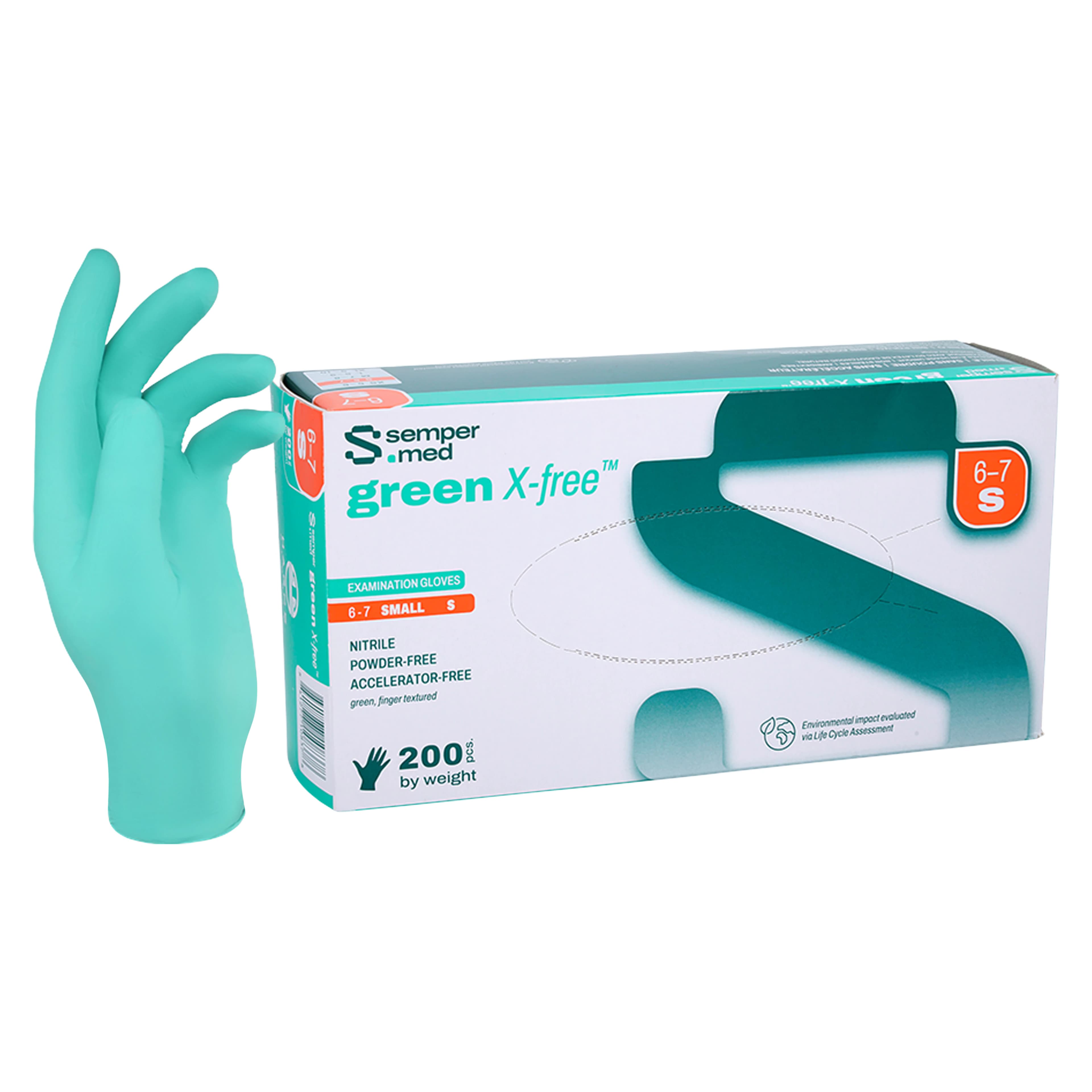 SemperSure Green Nitrile Exam Gloves, Powder Free, Non-Sterile, Small, Green, 200/Box - green X-free™ Nitrile Exam Gloves Small Green Box of 200 - Image 1