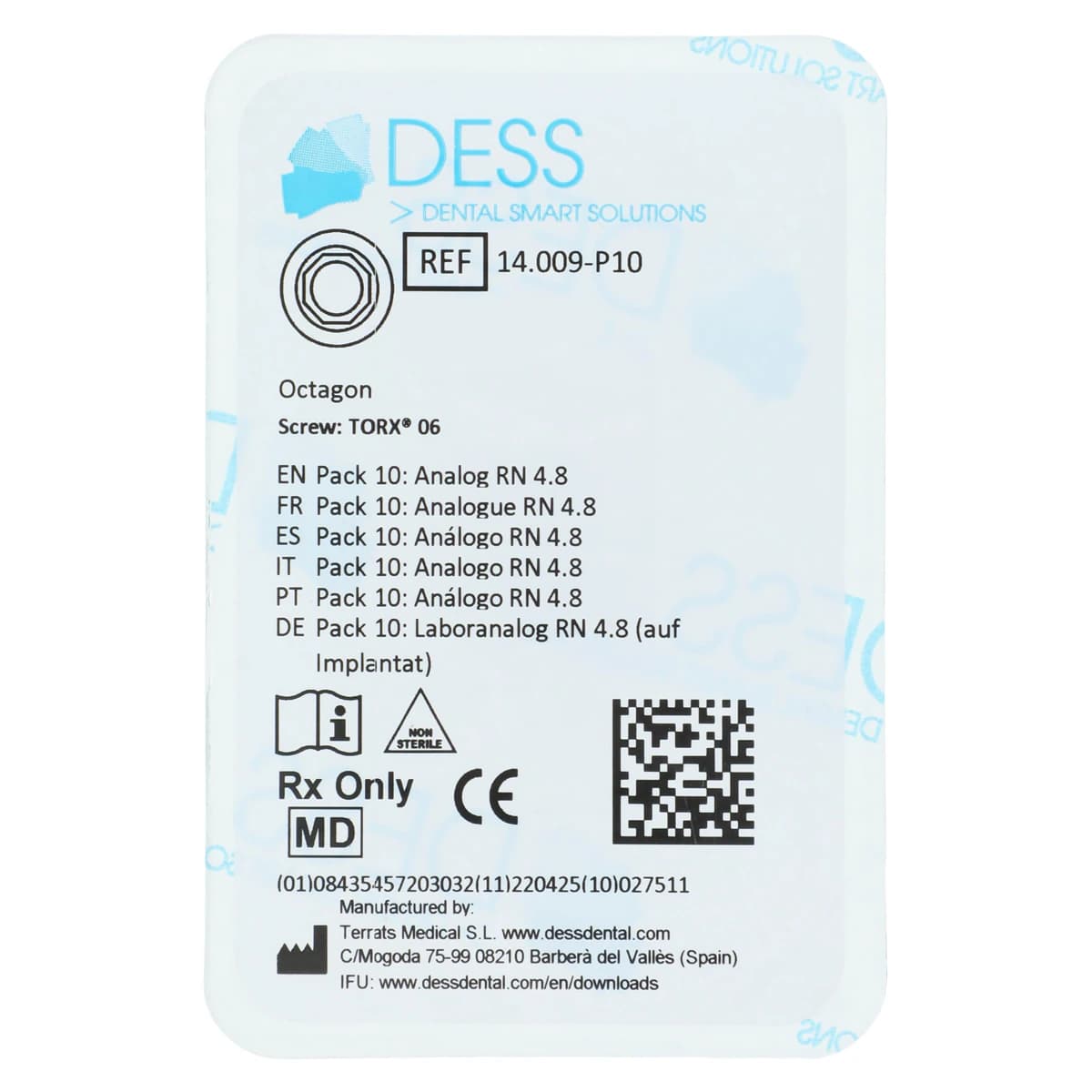 DESS Analog RN 4.1/4.8 on Implant Internal Octagon, No Anodized, Pack of 10 - Analog RN 4.1/4.8 on Implant Internal Octagon No Anodized Pack of 10 - Image 1