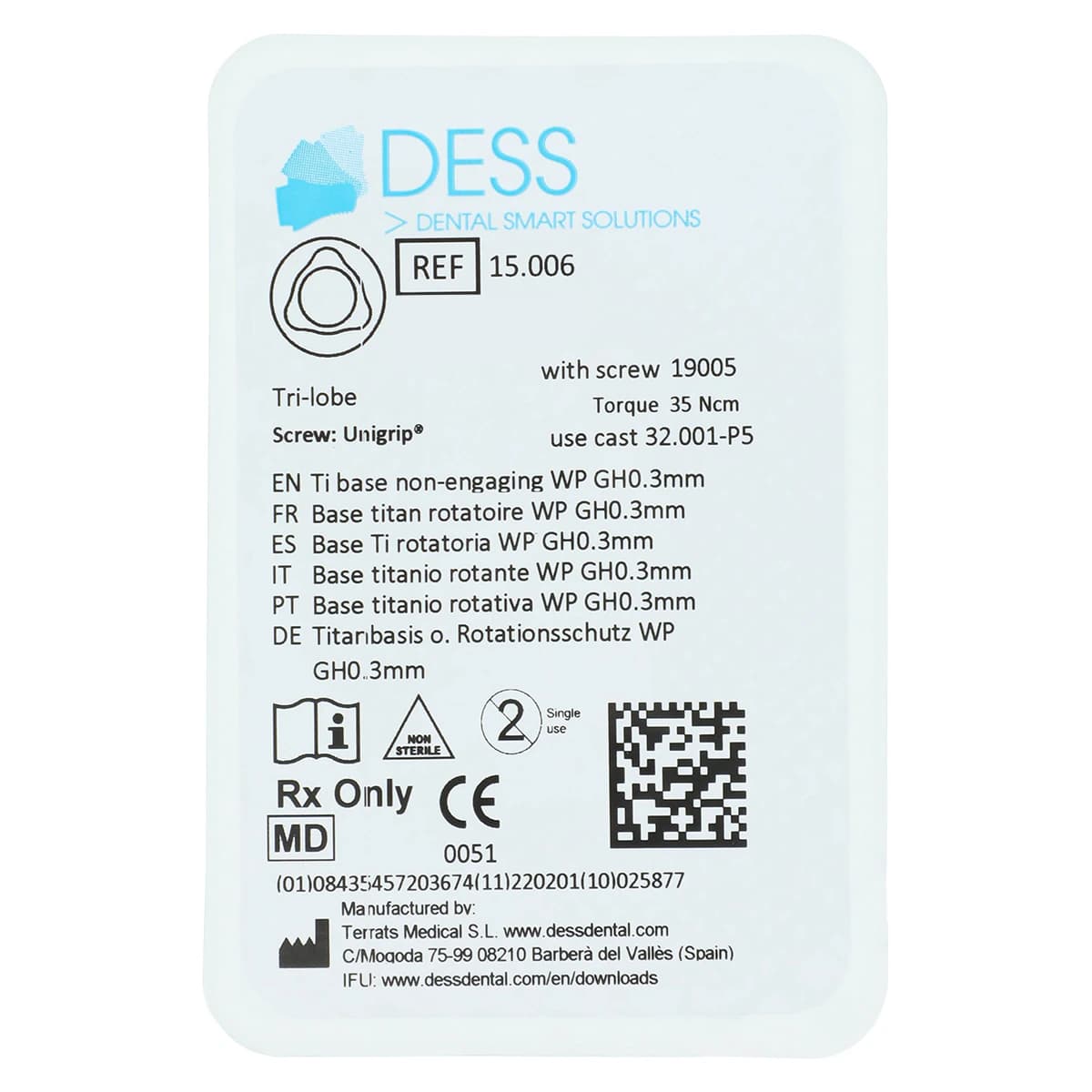 Dess TiBase Non-Engaging Titanium Base for Nobel Replace 5.0, 0.5mm, Each - TiBase NEng NBRpl WP 0.5mm - Image 1