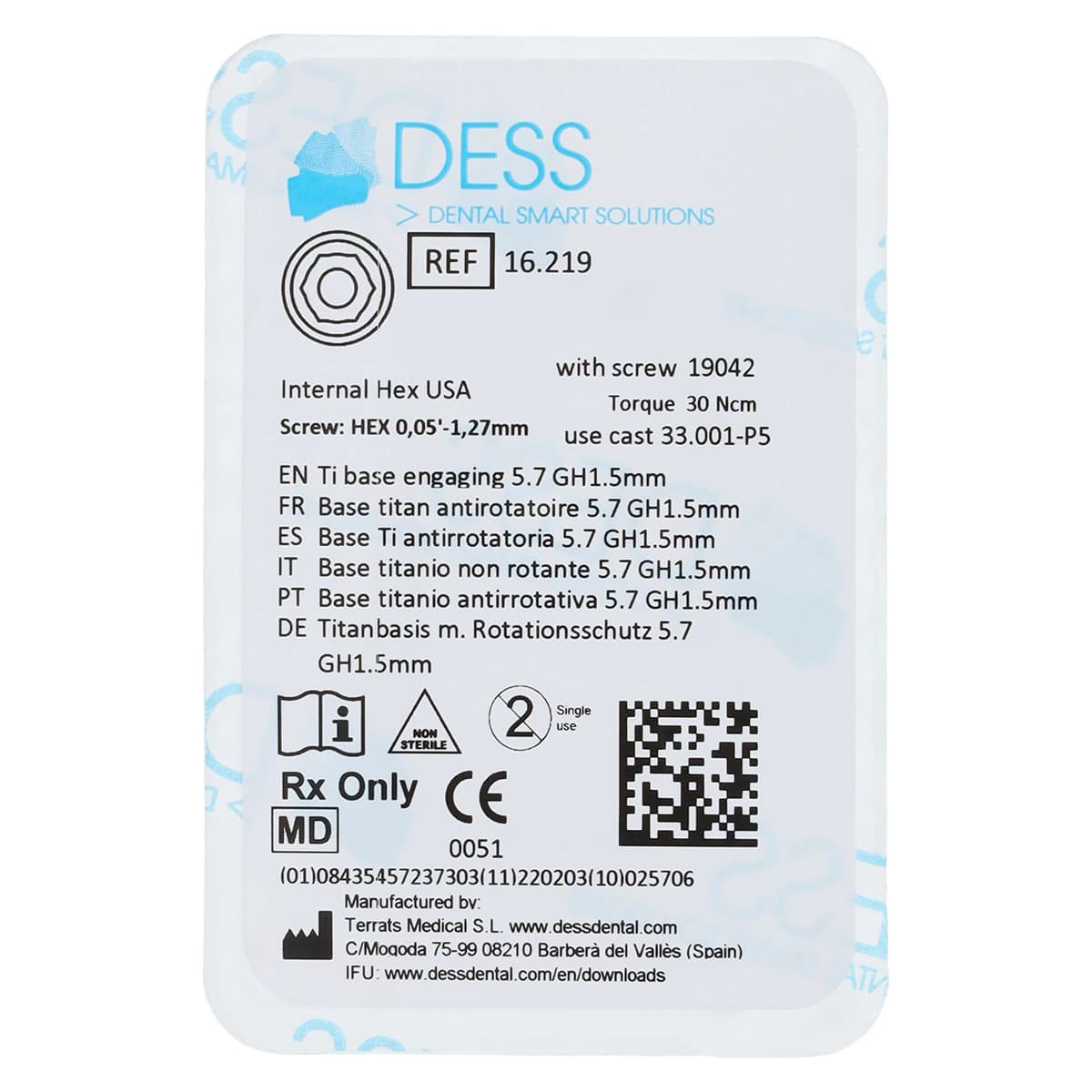 TiBase Engaging Zimmer 5.7 Internal Hex, 1.5mm Gingival Height, Titanium Base (DESS) - TiBase Eng Zimmer 5.7 1.5mm - Image 1